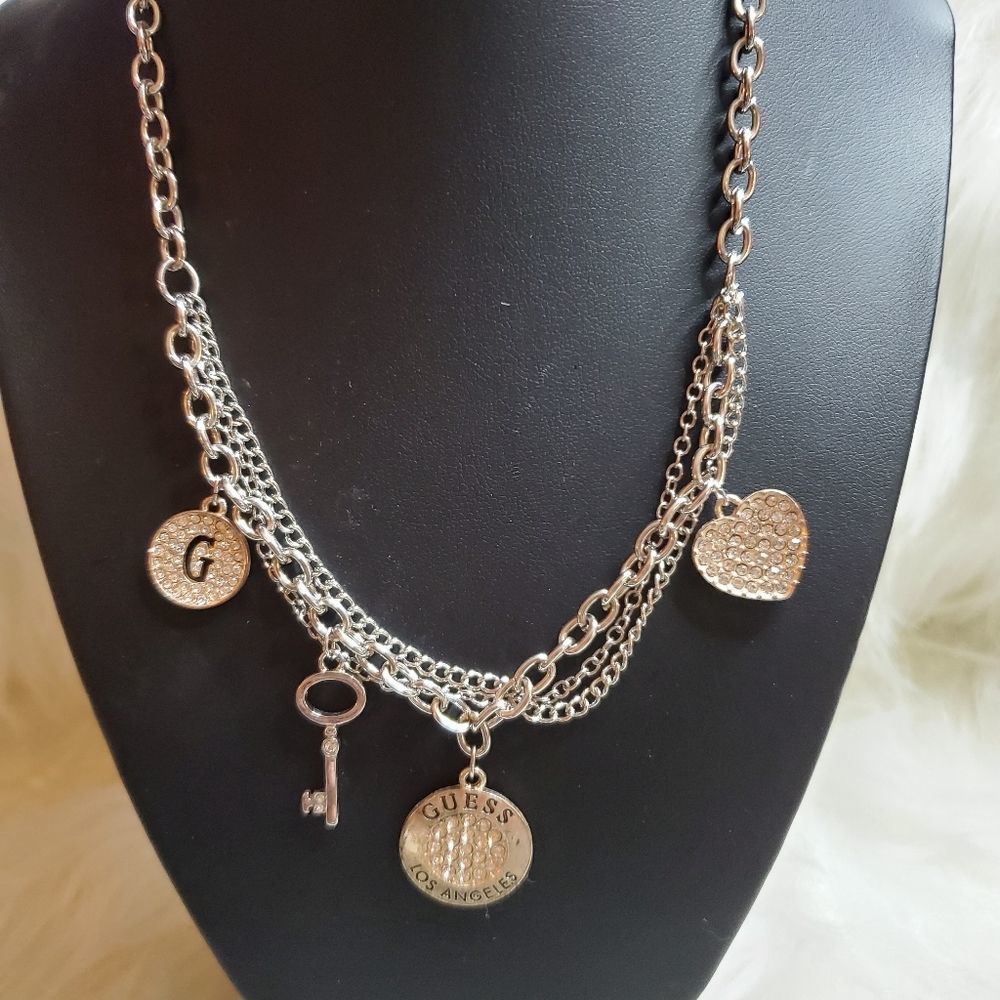 Guess silver Rhinestone chain link multistranded charm necklace